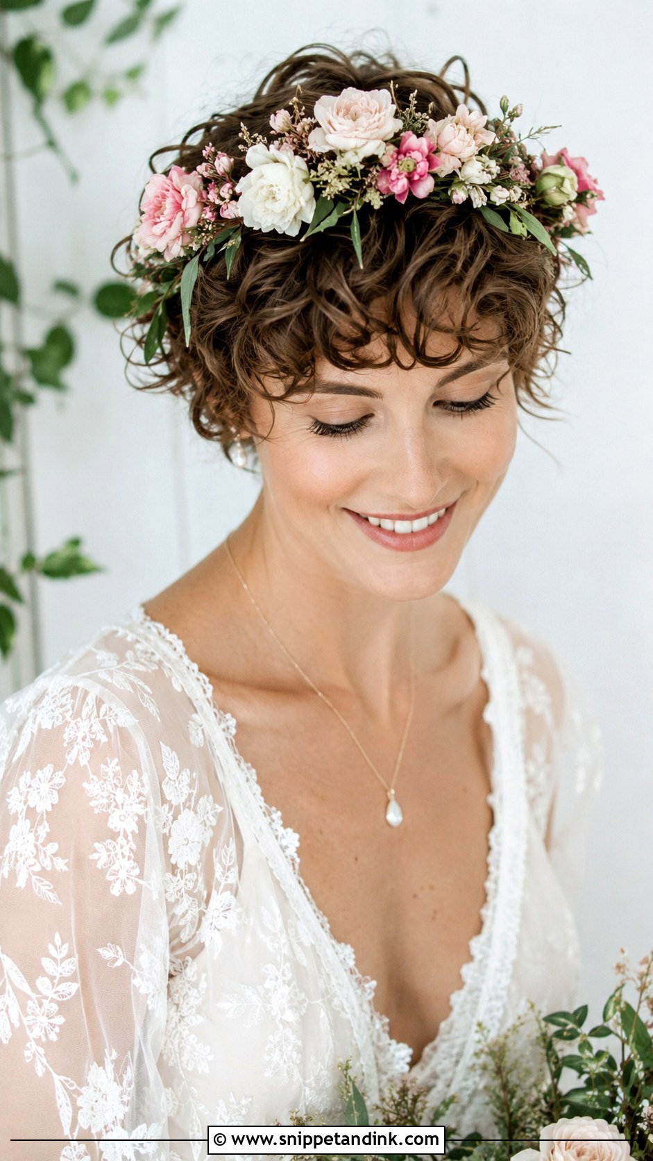 Curly Pixie Cut With Floral Crown - Snippet and Ink - 20 Pixie Cut Wedding Hairstyles