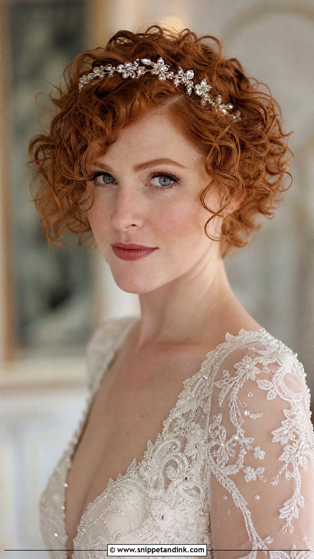 Curly Pixie Cut With Jeweled Headband - Snippet and Ink - 20 Pixie Short Hair Wedding Styles