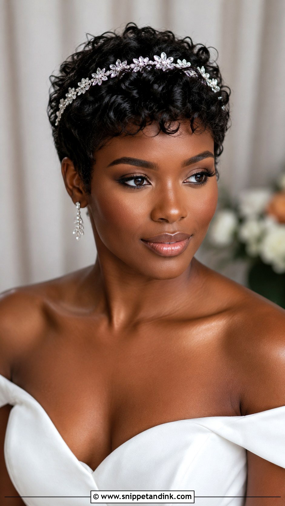 Curly Pixie With Crystal Headpiece - Snippet and Ink - 20 Short Curly Hairstyles for Wedding
