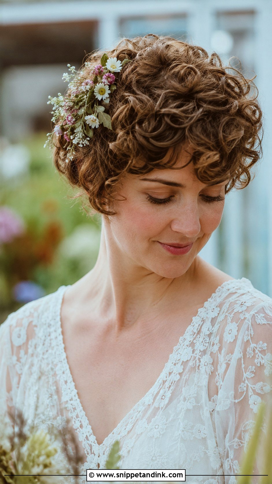 Curly Pixie With Floral Accents - Snippet and Ink - 25 Short Curly Bridal Hair Ideas