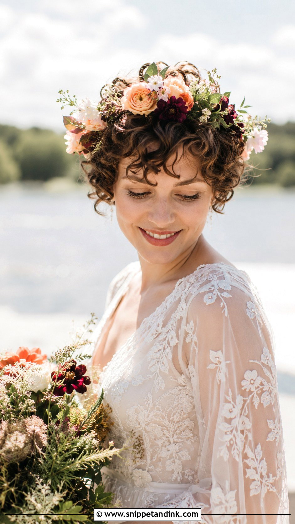Curly Pixie With Floral Crown - Snippet and Ink - 20 Short Hair Ideas for Wedding