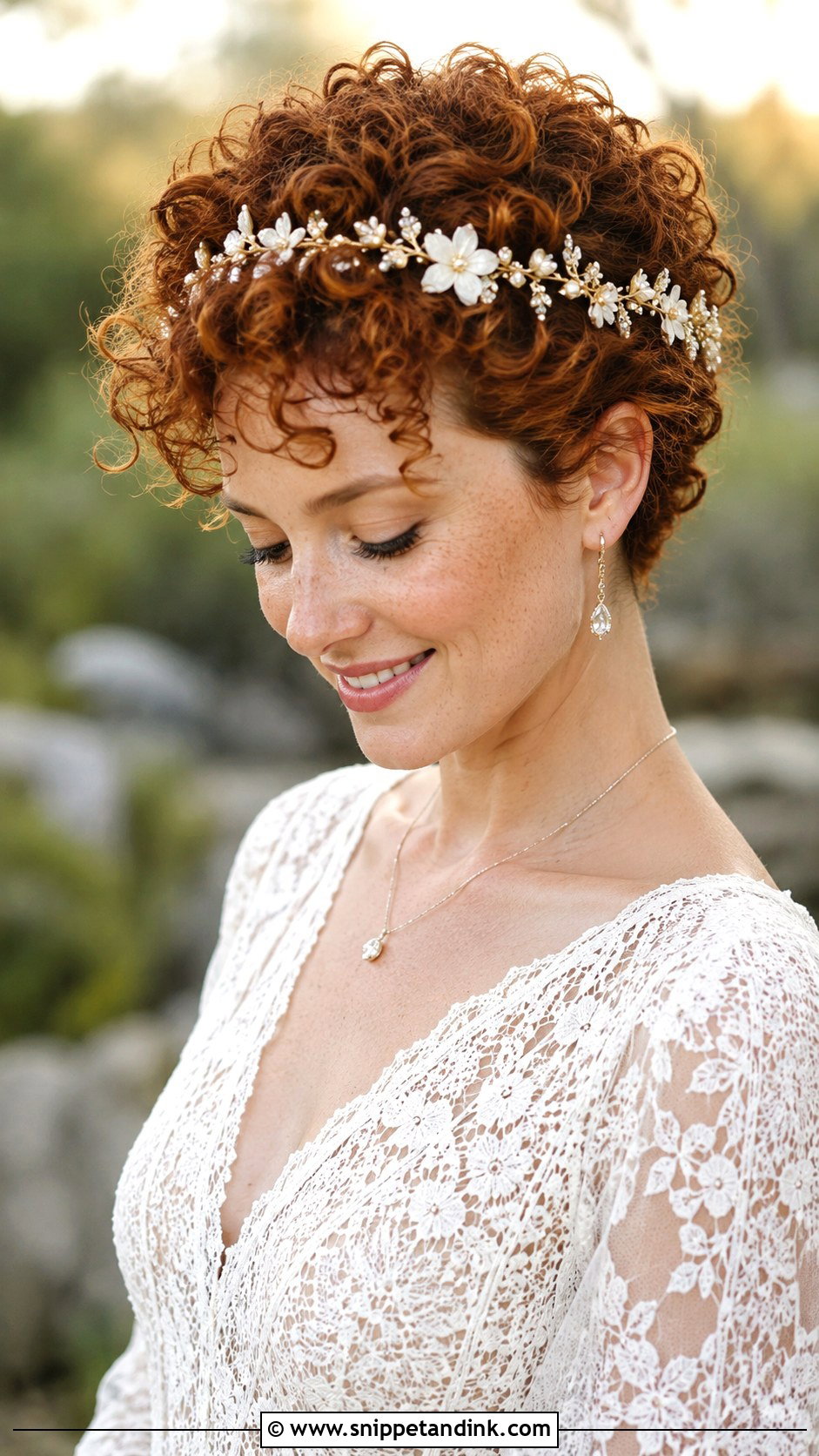 Curly Pixie With Floral Headband - Snippet and Ink - 35 Short Hair Wedding Styles