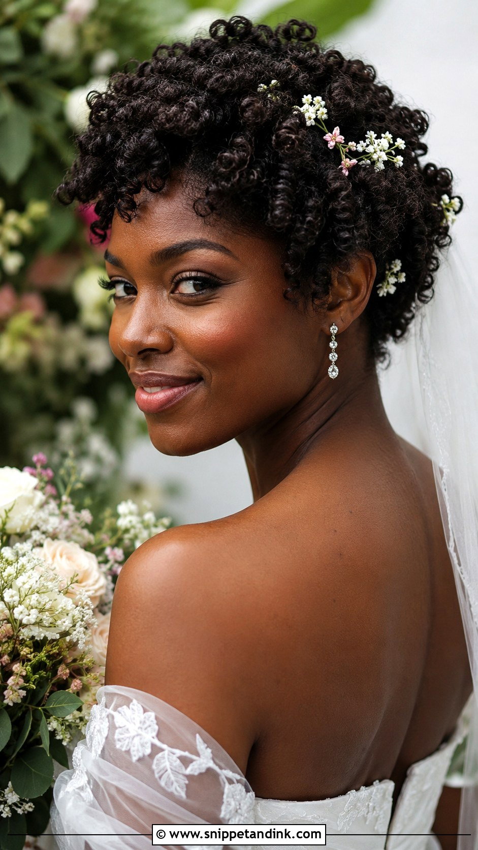 Curly Pixie With Floral Pins - Snippet and Ink - 25 Pixie Wedding Hair Ideas