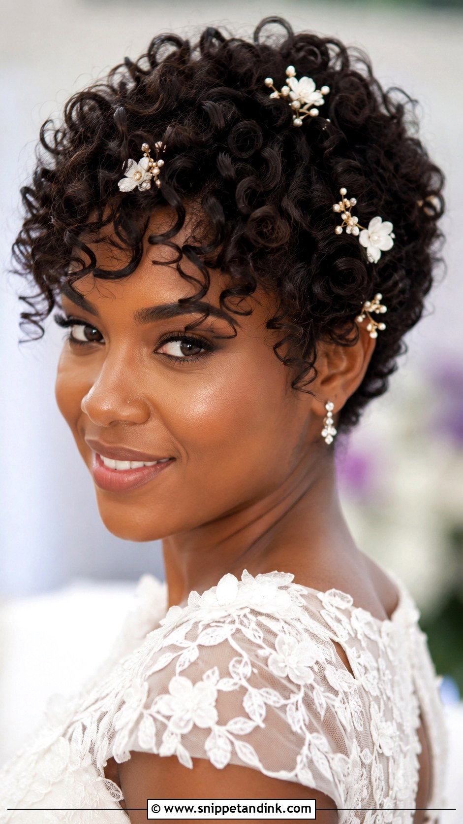 Curly Pixie With Floral Pins - Snippet and Ink - 30 Short Bridal Hair Ideas