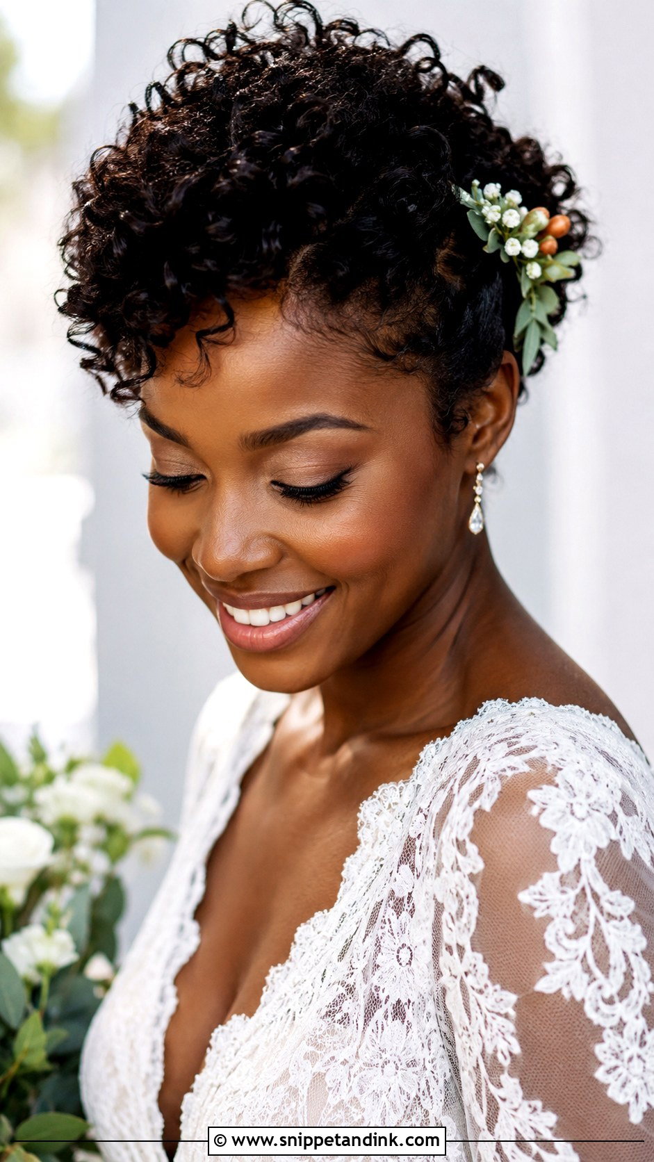 Curly Pixie With Floral Pins - Snippet and Ink - 20 Short Hair Dos for Wedding Ideas