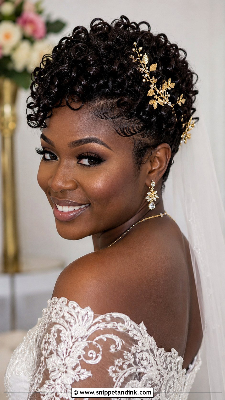 Curly Pixie With Gold Leaf Accents - Snippet and Ink - 25 Hair Styles for Short Hair Wedding