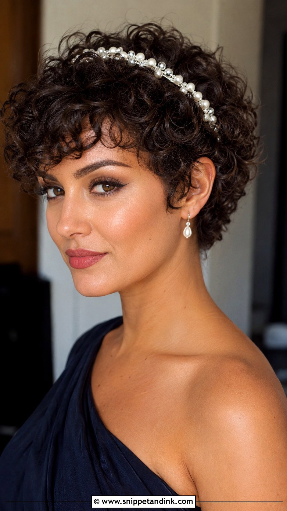 Curly Pixie With Jeweled Headband - Snippet and Ink - 25 Wedding Guest Hairstyles Short Hair