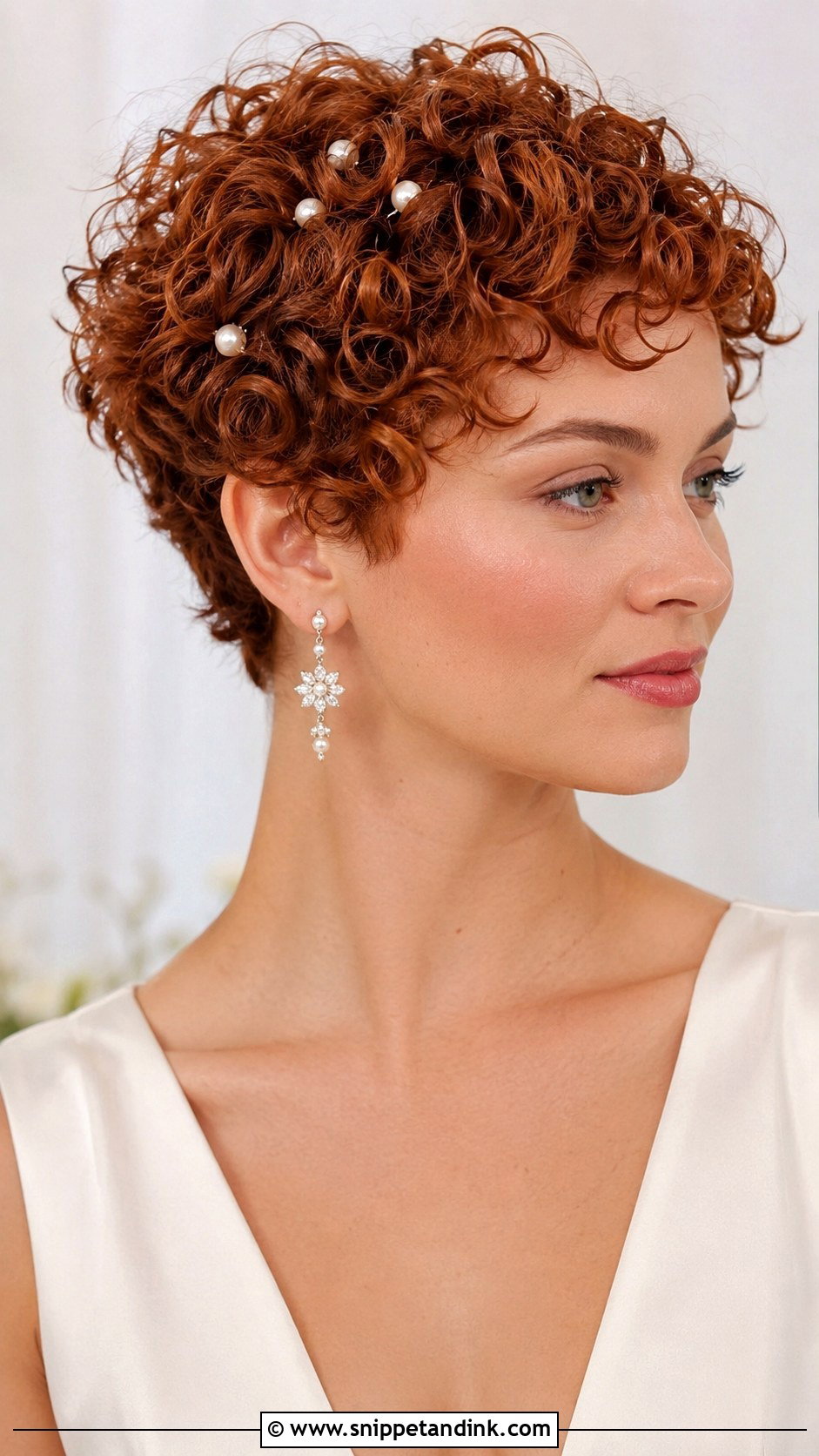 Curly Pixie With Pearl Hairpins - Snippet and Ink - 20 Short Curly Wedding Hairstyles