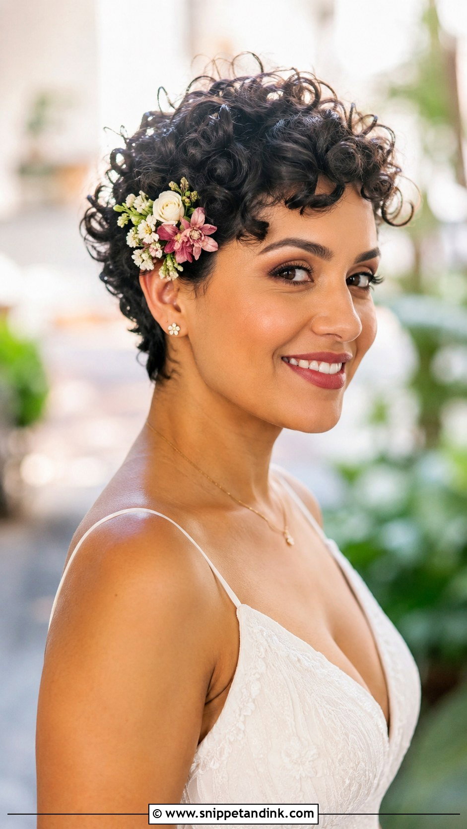 Curly Pixie with Floral Clip - Snippet and Ink - 20 Hairstyles for Weddings Short Hair