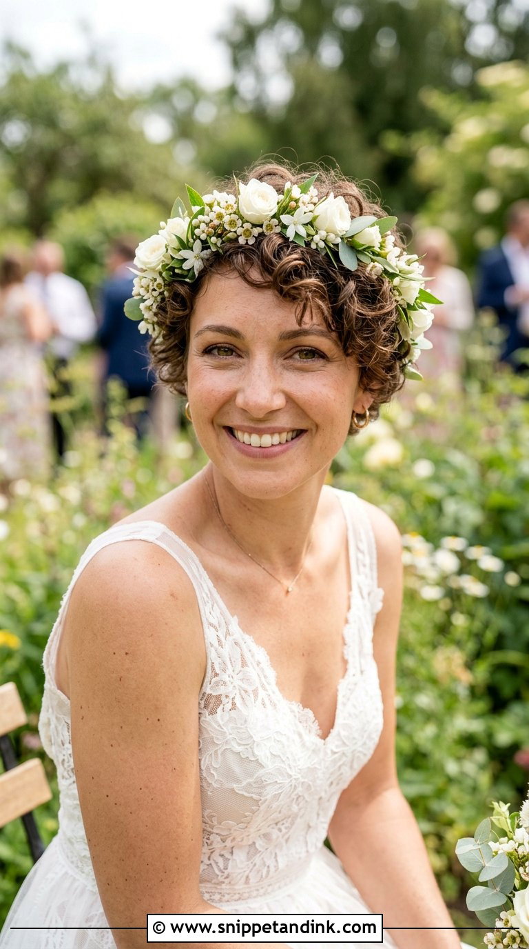 Curly Pixie with Floral Headband - Snippet and Ink - 20 Brides with Short Hair Ideas