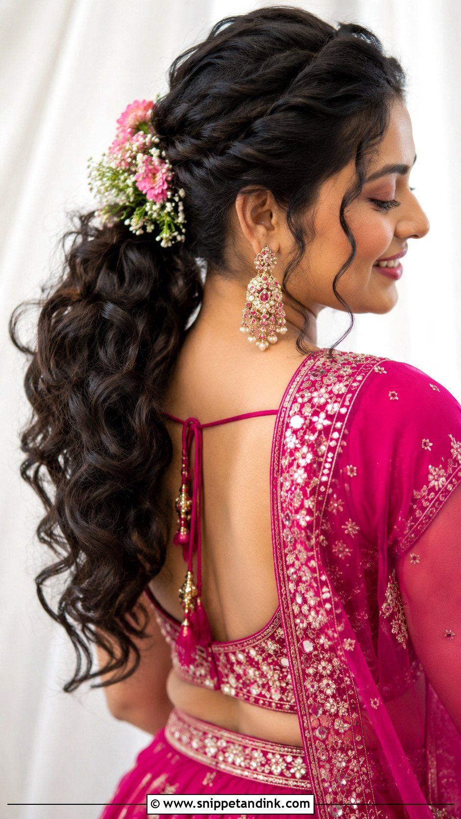Curly Ponytail With Floral Accents - Snippet and Ink - 20 Indian Wedding Hair Styles