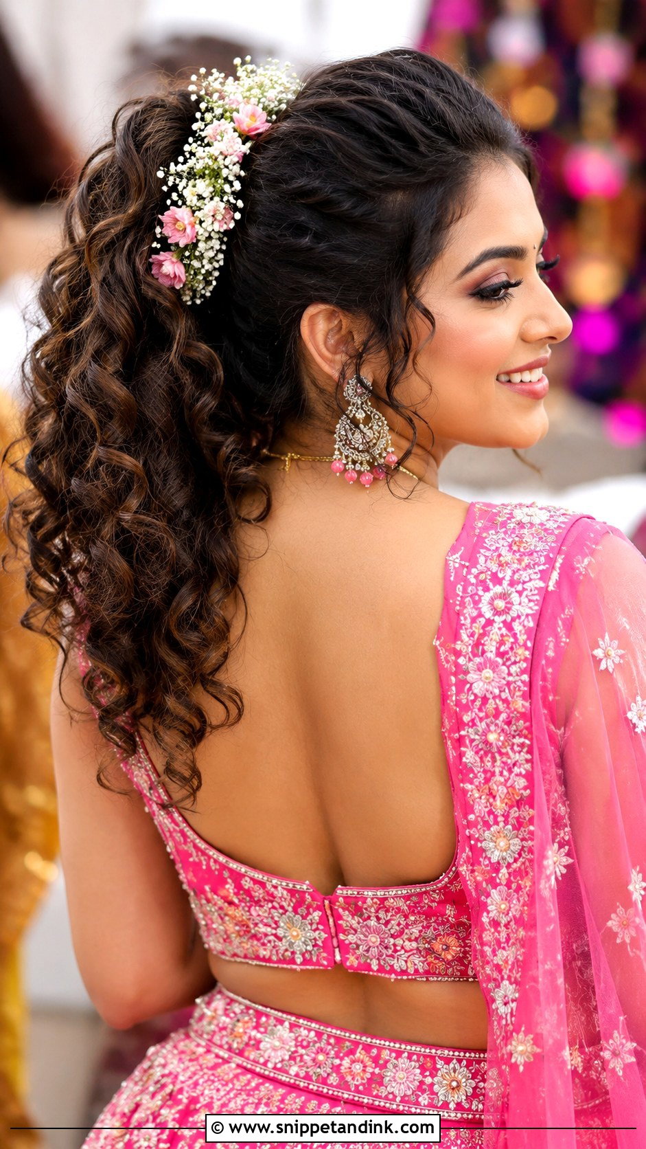 Curly Ponytail With Flowers - Snippet and Ink - 30 Sangeet Hairstyles for Bride