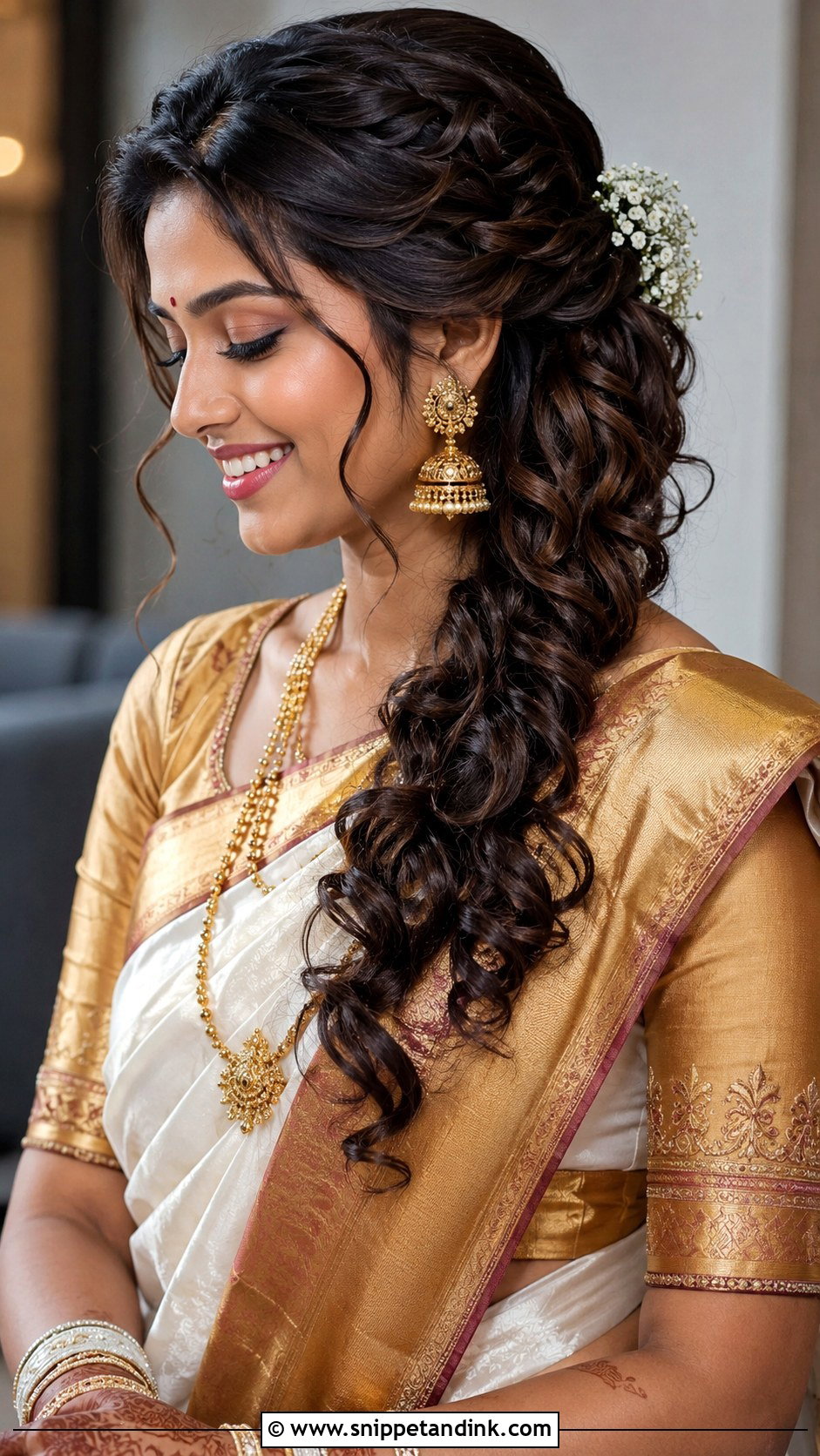 Curly Saree Hairstyle For Indian Wedding - Snippet and Ink - 20 Curly Hairstyles for Indian Wedding