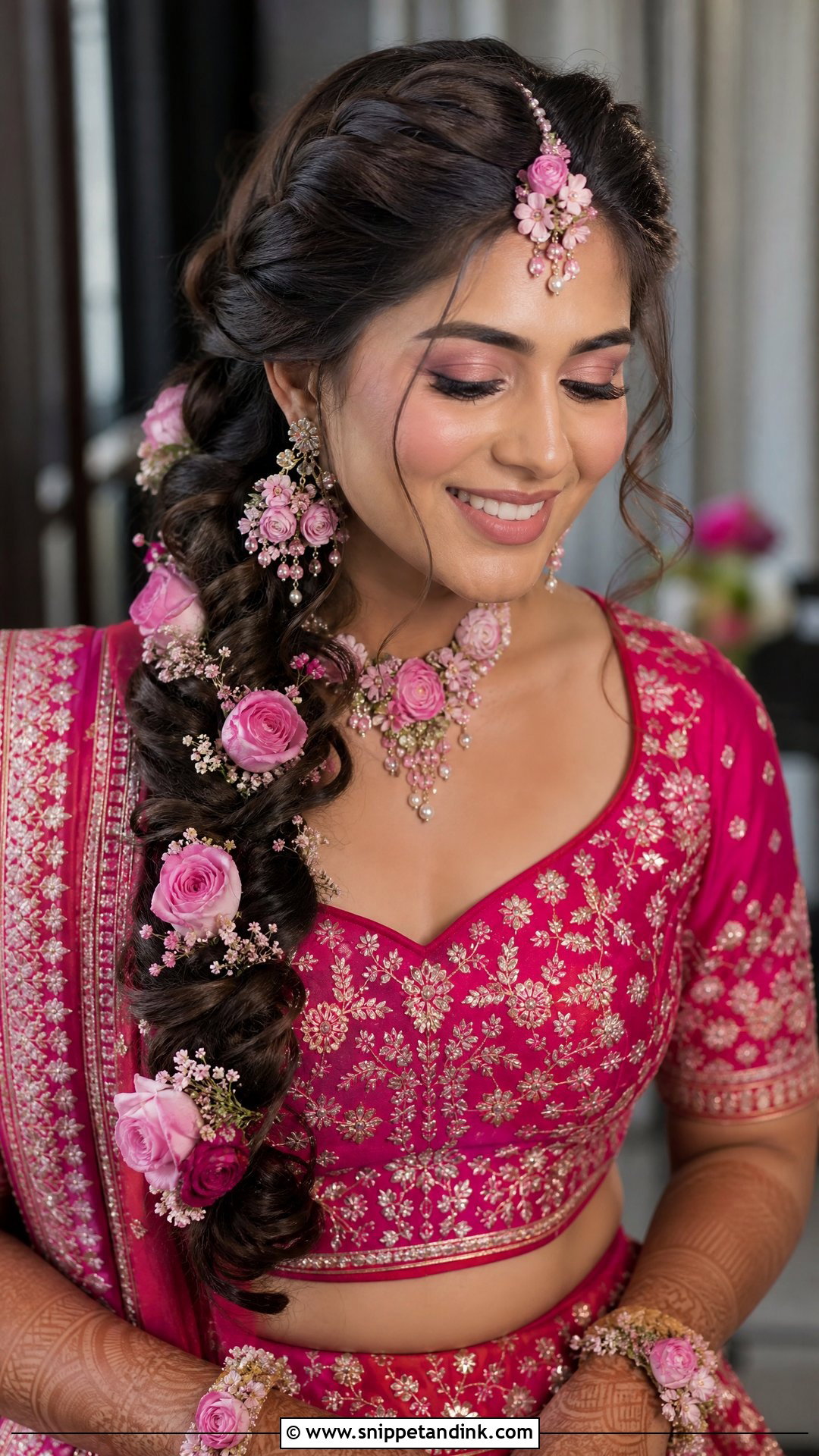 Curly Side Braid With Roses - Snippet and Ink - 20 Bridal Mehndi Hairstyles
