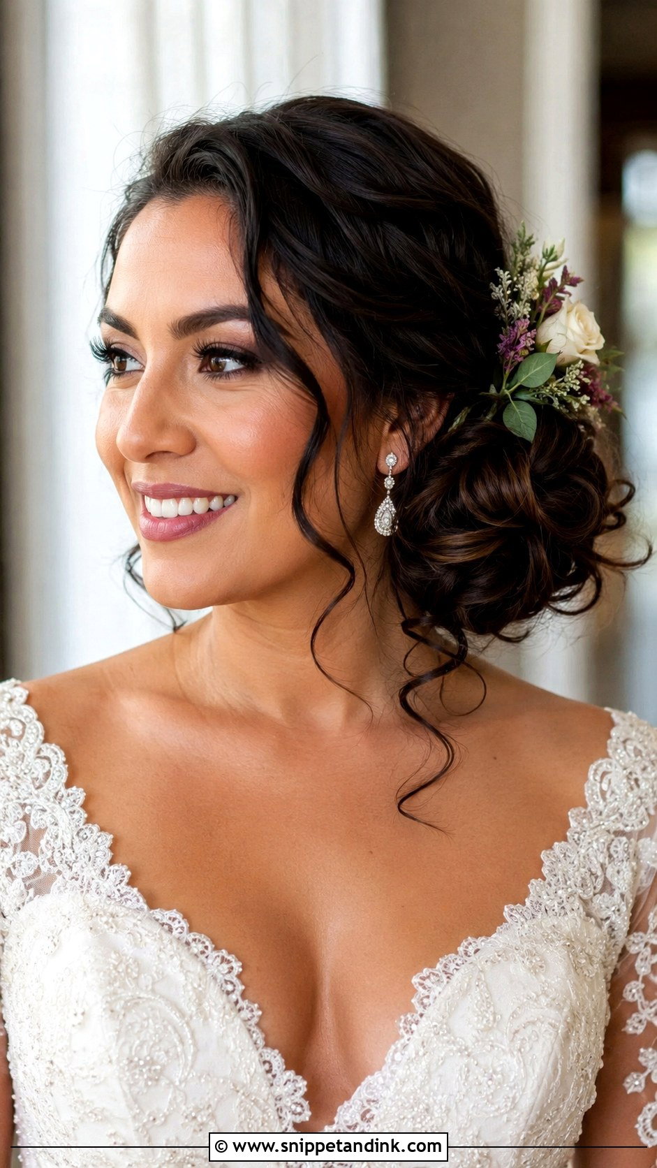 Curly Side Bun Wedding Hair - Snippet and Ink - 20 Long Curls Wedding Hair