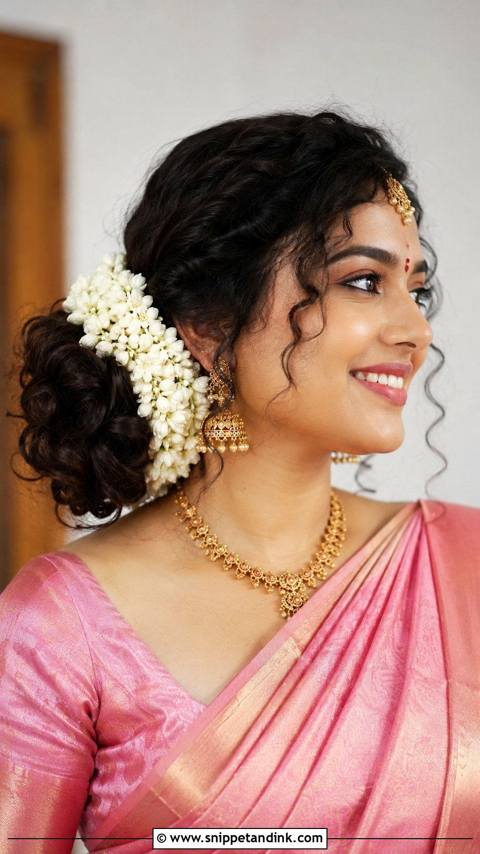 Curly Side Bun With Gajra - Snippet and Ink - 25 Tamil Bride Hairstyle Ideas