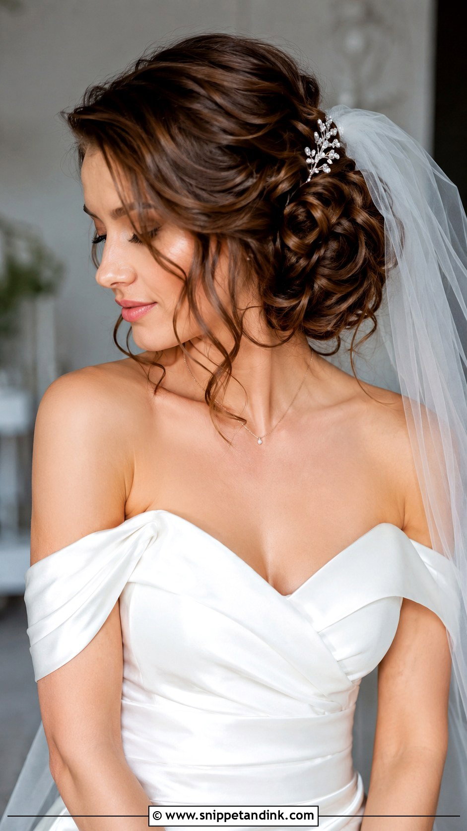 Curly Side Bun With Veil - Snippet and Ink - 20 Curly Hair with Veil Ideas