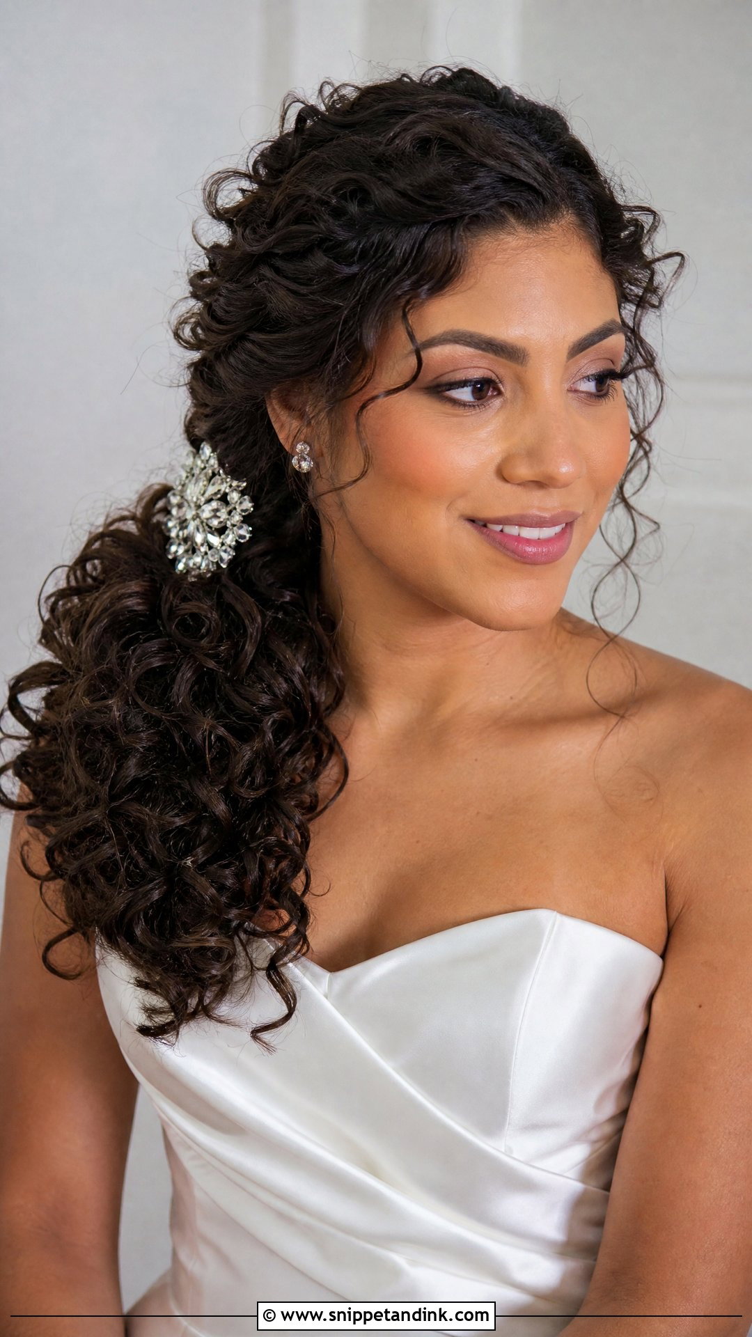 Curly Side Ponytail With Brooch - Snippet and Ink - 25 Side Ponytail Wedding Hairstyles