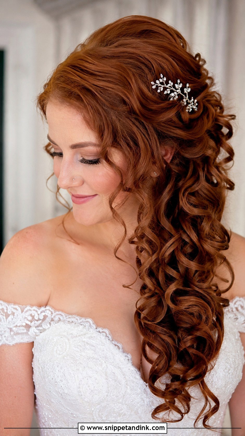 Curly Side Swept Bridal Hair - Snippet and Ink - 20 Long Curly Bridal Hair Ideas