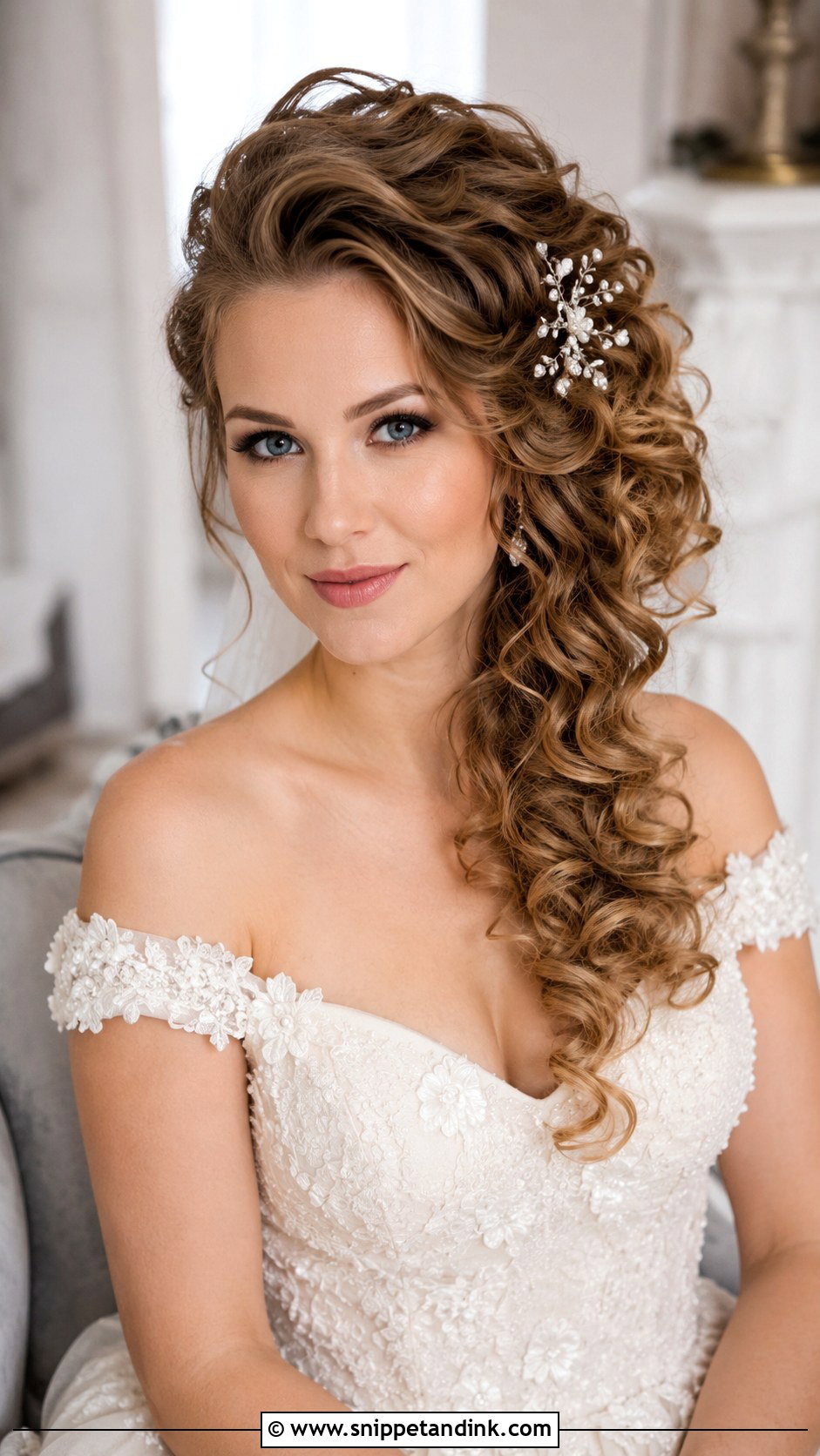 Curly Side Swept Bridal Hairstyle - Snippet and Ink - 25 Curly Hair Bridal Hairstyles
