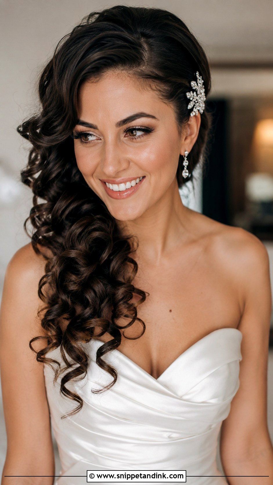 Curly Side Swept Bridal Hairstyle - Snippet and Ink - 30 Curly Hair Bride Ideas