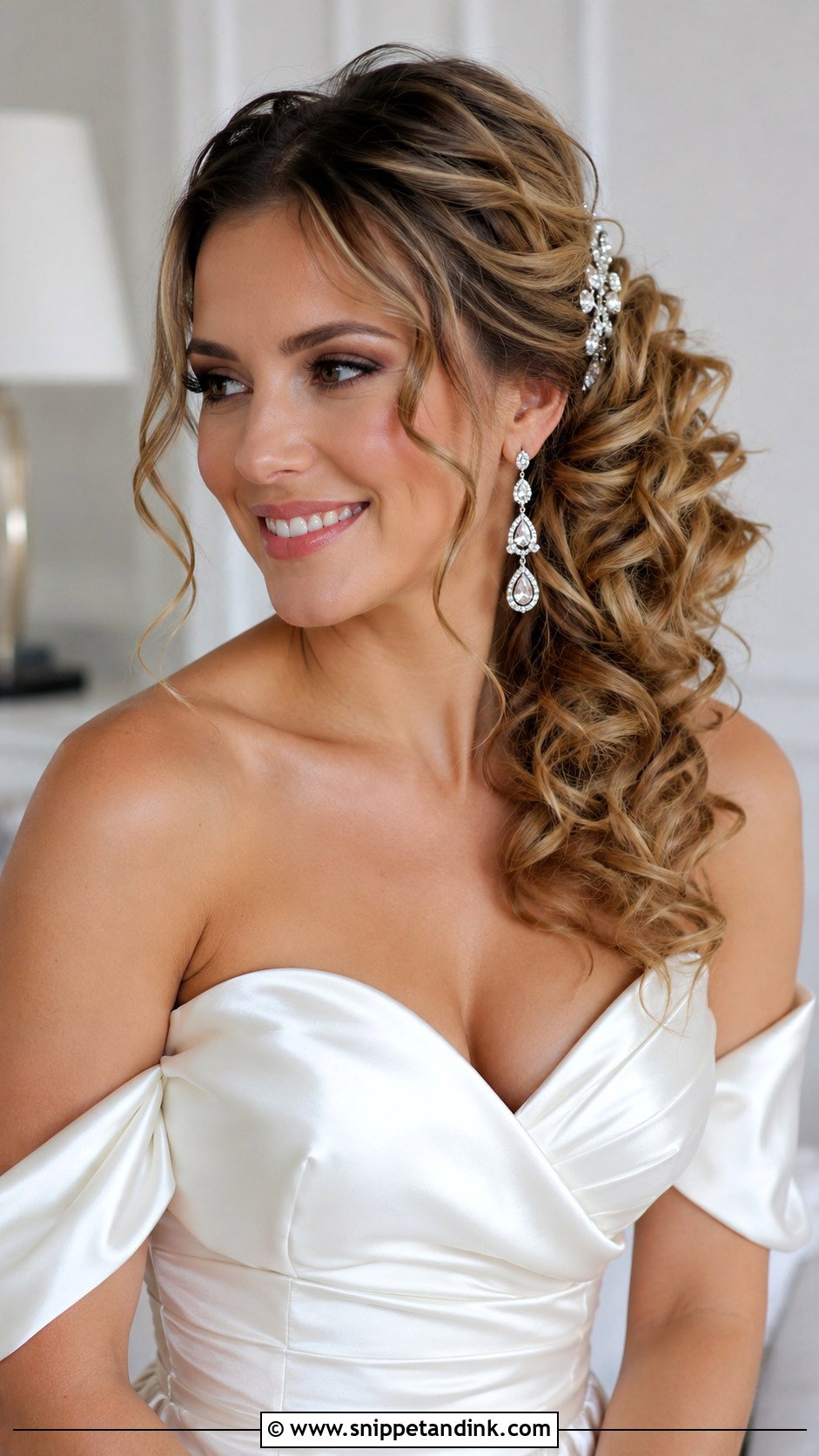 Curly Side Swept Bridal Style - Snippet and Ink - 25 Short Curly Bridal Hair Ideas