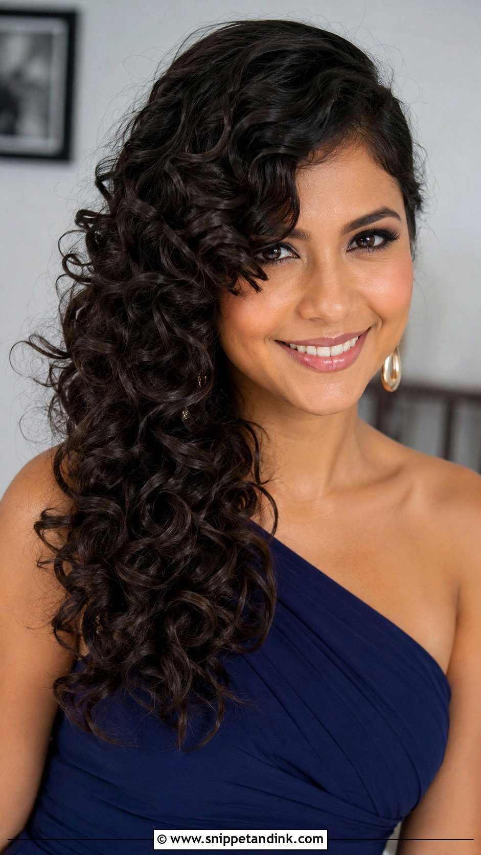 Curly Side Swept Hairstyle - Snippet and Ink - 25 Curly Hair Wedding Guest Hairstyles
