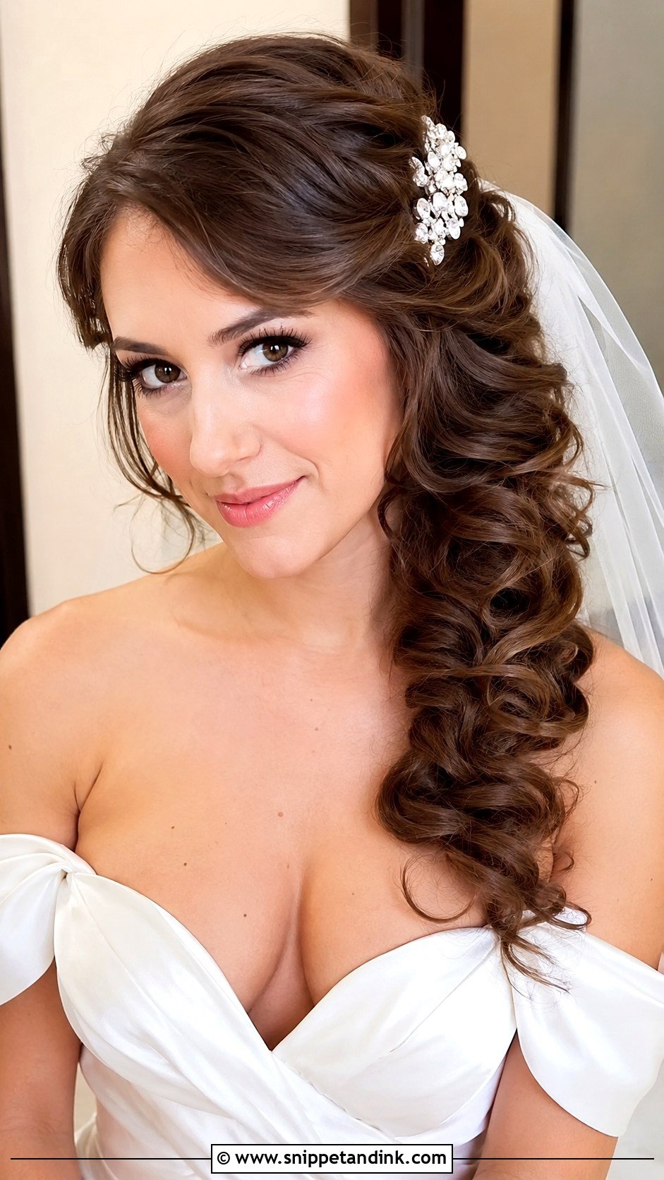 Curly Side Swept Hairstyle With Veil - Snippet and Ink - 20 Curly Hair with Veil Ideas