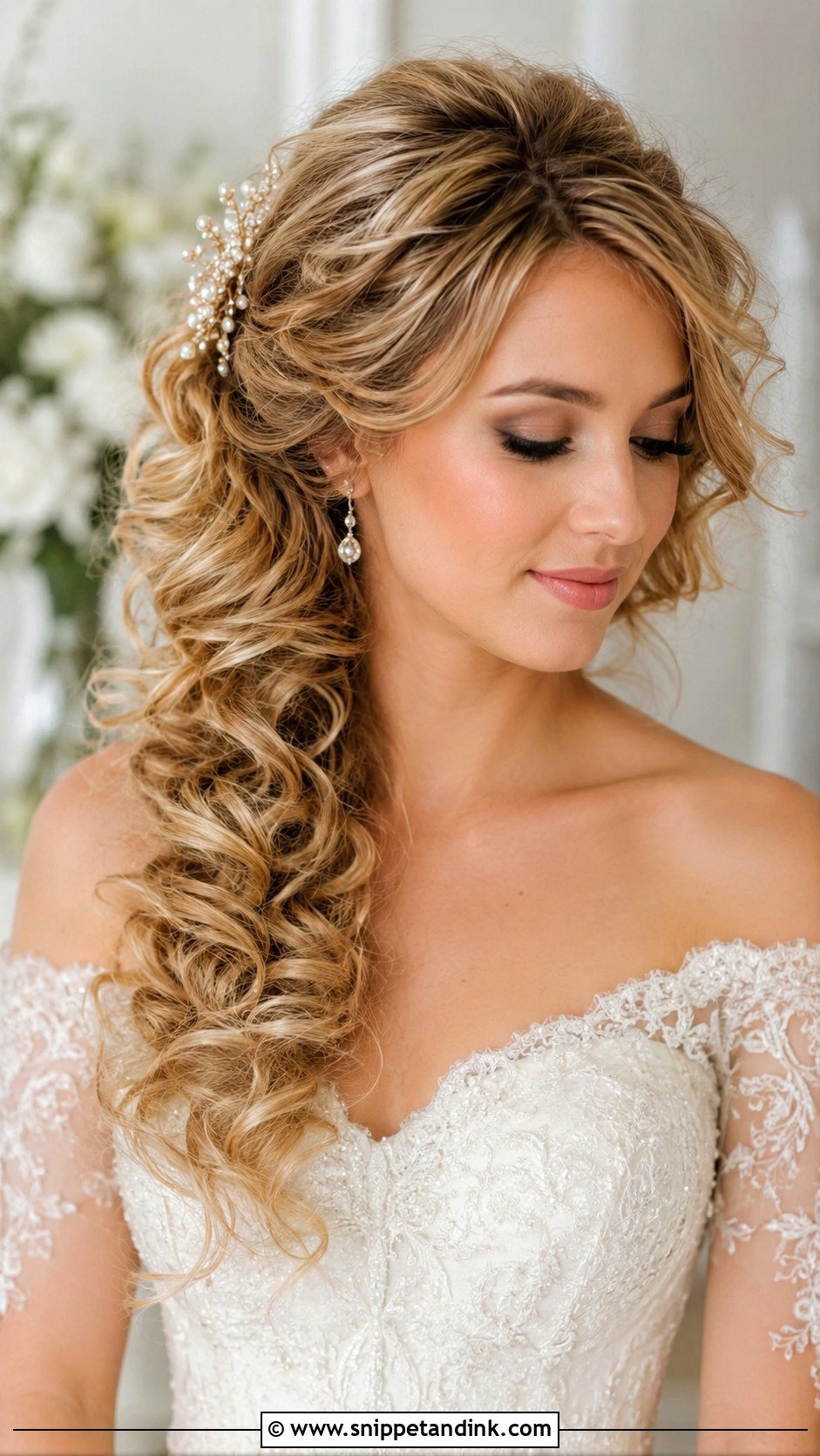 Curly Side Swept Wedding Hair - Snippet and Ink - 20 Long Curls Wedding Hair