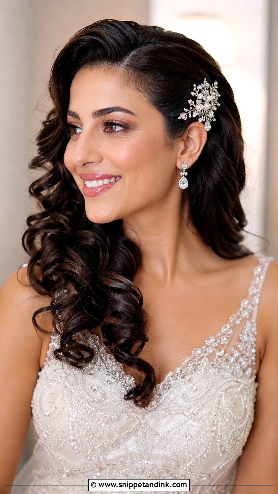 Curly Side Swept Wedding Hairstyle - Snippet and Ink - 30 Curly Bridal Hair Ideas