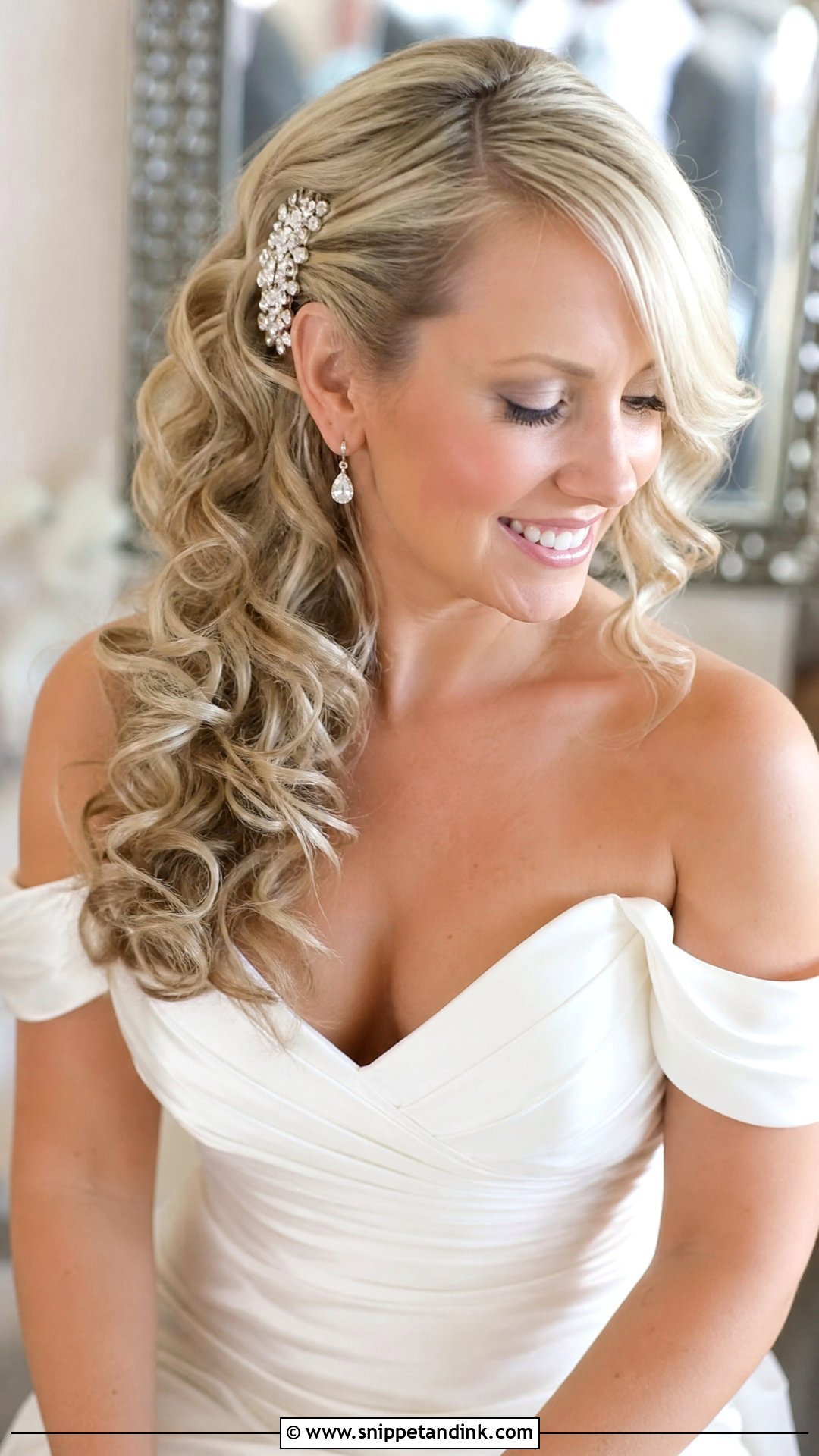 Curly Side Swept Wedding Hairstyle - Snippet and Ink - 20 Long Curly Hair Wedding Styles
