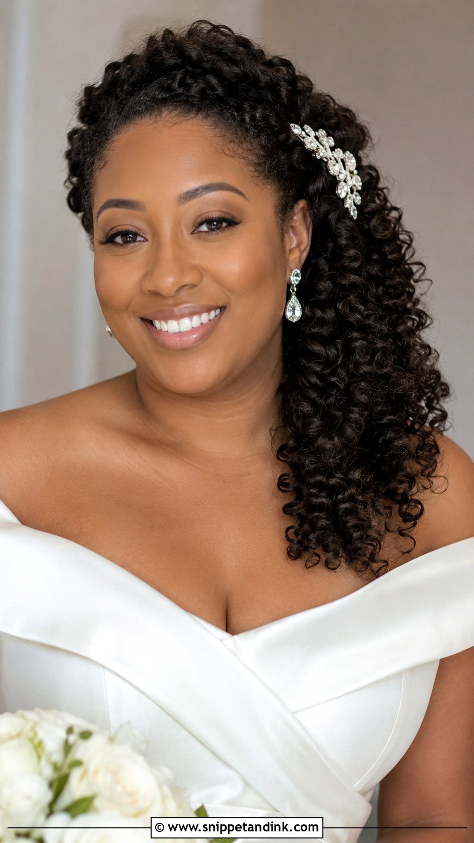 Curly Side Swept Wedding Style - Snippet and Ink - 30 Natural Hair Wedding Ideas