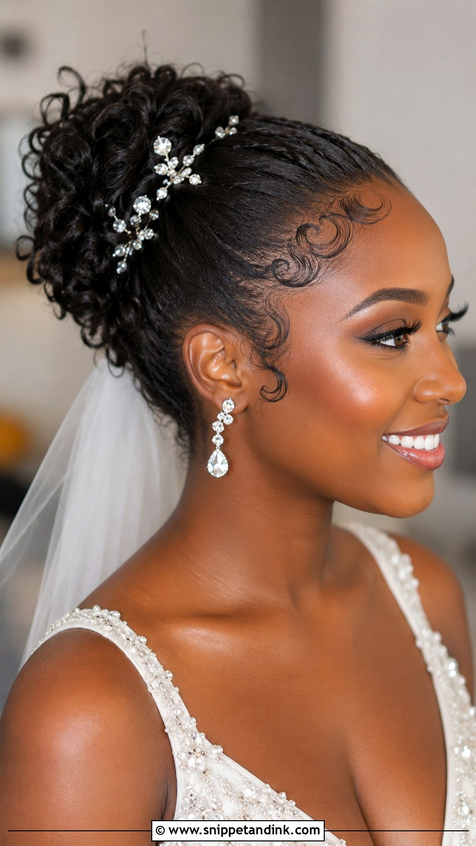 Curly Slicked Back Bun With Edges - Snippet and Ink - 30 Curly Hair Wedding Styles