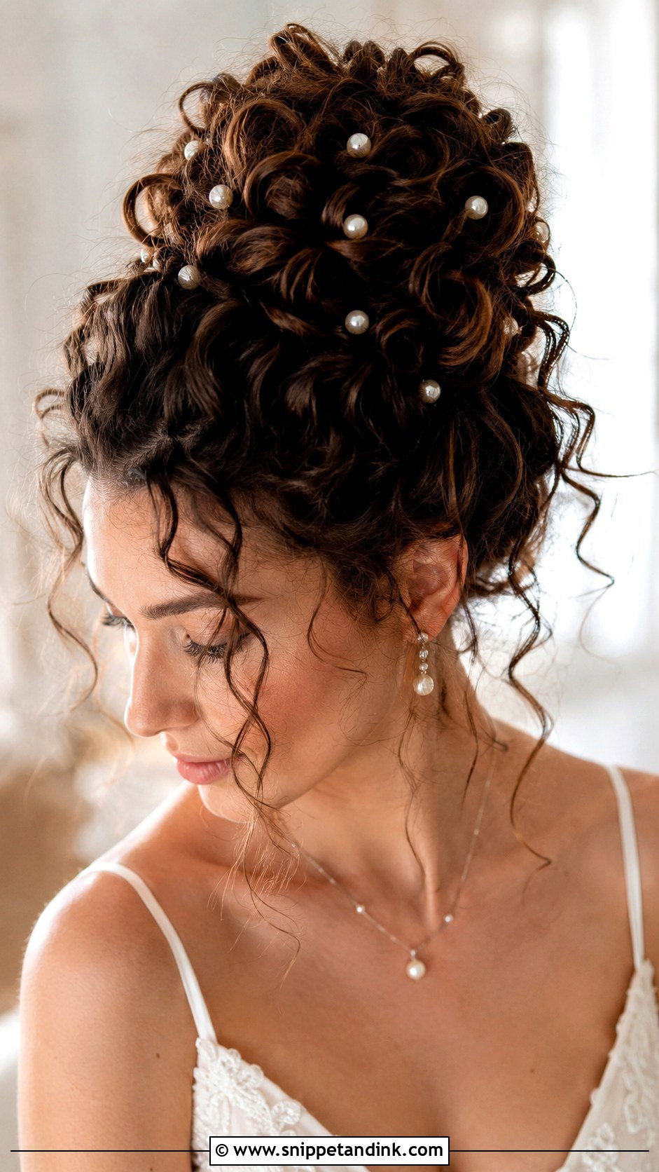 Curly Top Knot With Pearl Pins - Snippet and Ink - 30 Curly Hair Wedding Styles