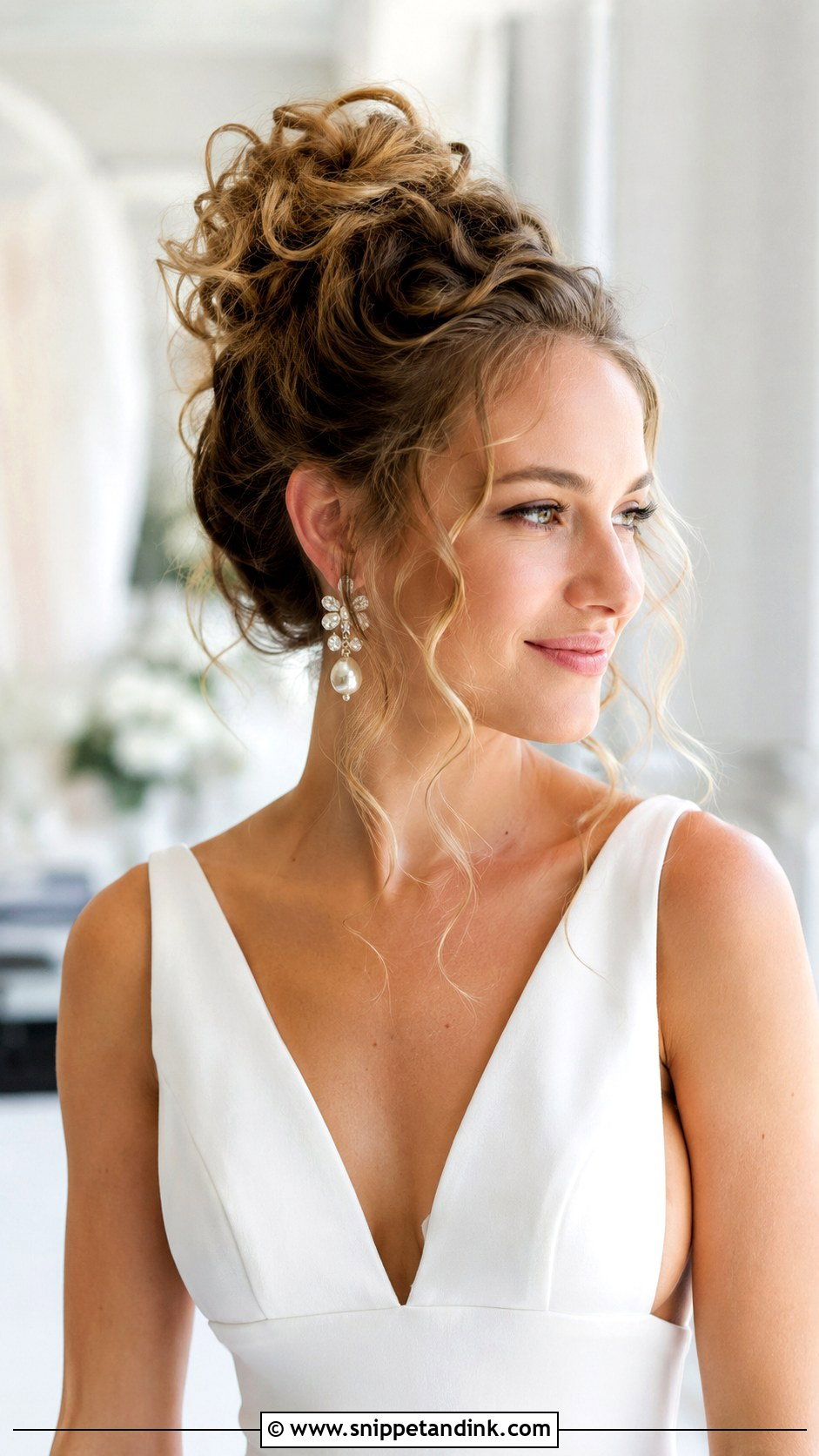 Curly Top Knot for Weddings - Snippet and Ink - 30 Curly Hair Updo Wedding Ideas