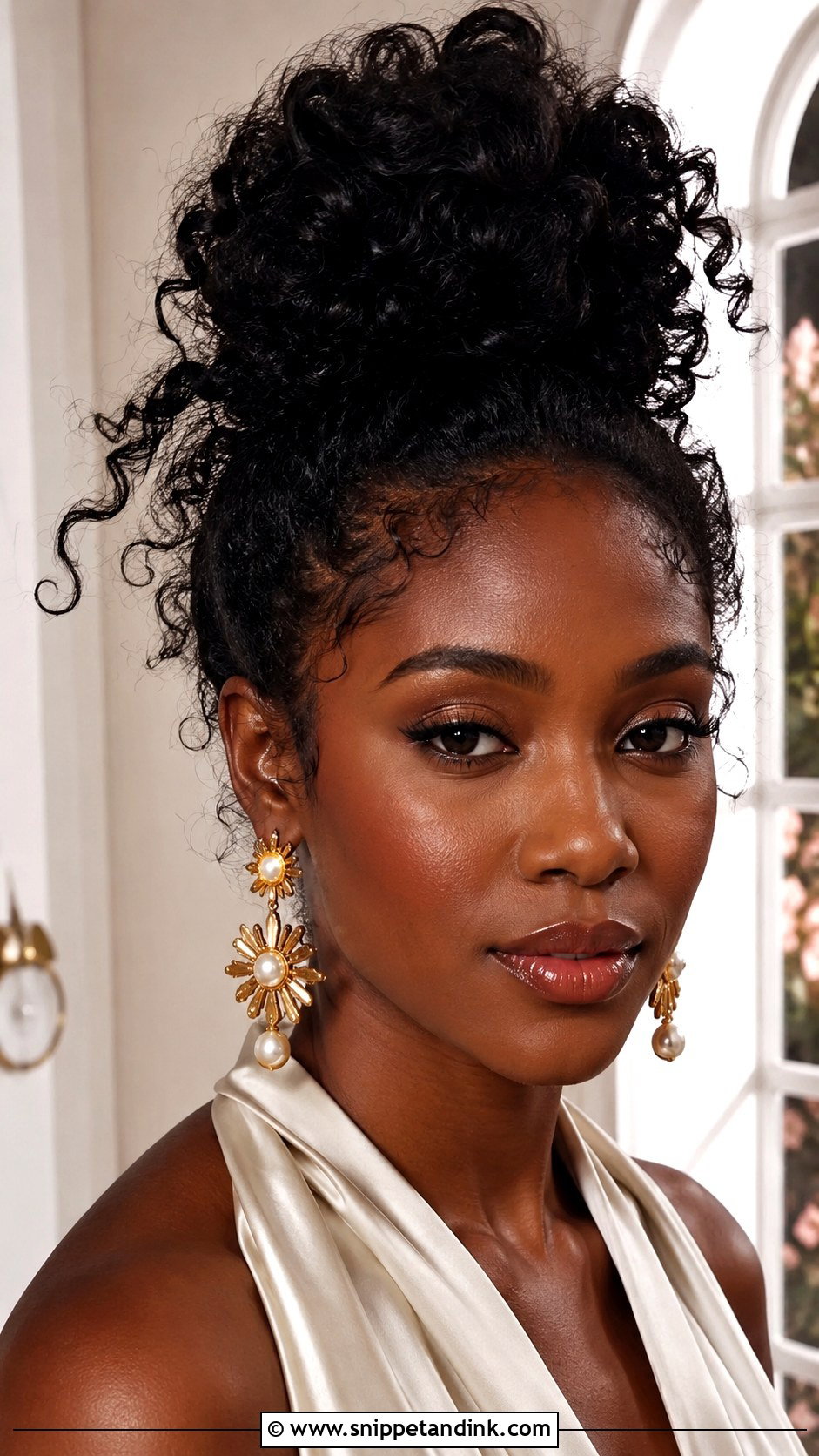 Curly Top Knot - Snippet and Ink - 25 Curly Hair Wedding Guest Hairstyles
