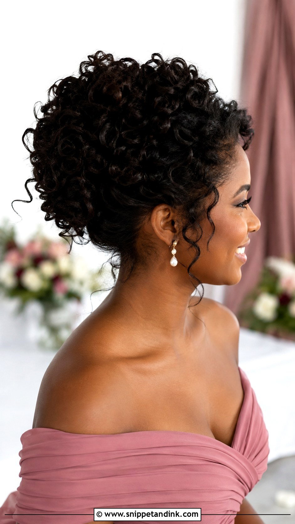 Curly Updo Bridesmaid Hairstyle With Off Shoulder Dress - Snippet and Ink - 20 Bridesmaid Hairstyles with Off Shoulder Dress