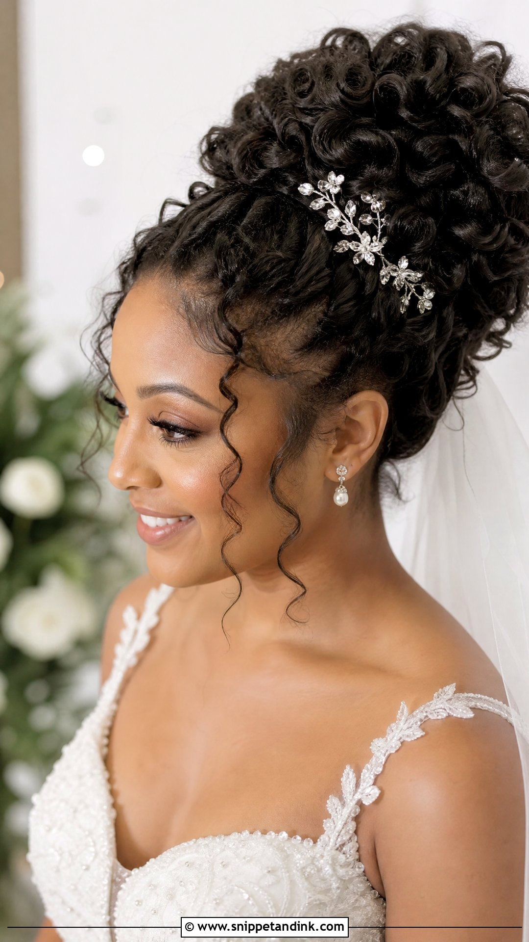 Curly Updo Bun With Face Framing Tendrils - Snippet and Ink - 20 Wedding Bun Hairstyles for Black Women