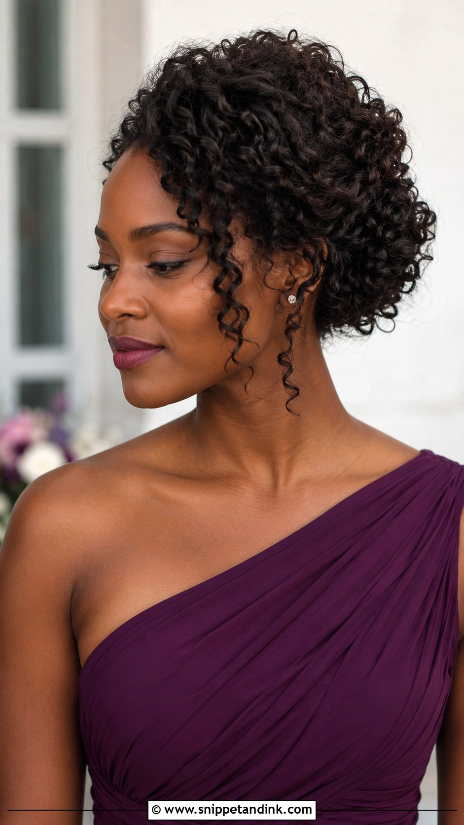 Curly Updo For One Shoulder Dress - Snippet and Ink - 20 Bridesmaid Hairstyles One Shoulder Dress