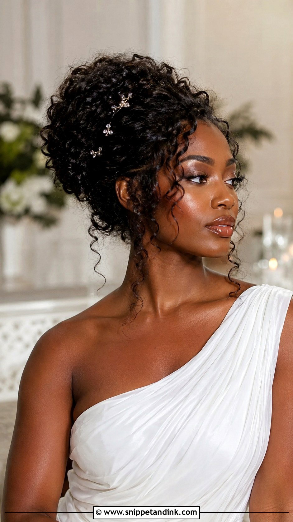 Curly Updo For One Shoulder Dress - Snippet and Ink - 15 Wedding Hairstyles for One Shoulder Dress