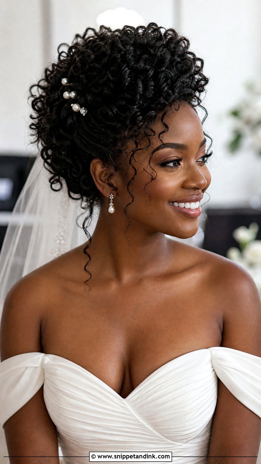 Curly Updo Wedding Hairstyle For Off The Shoulder Dress - Snippet and Ink - 20 Off the Shoulder Wedding Hairstyles