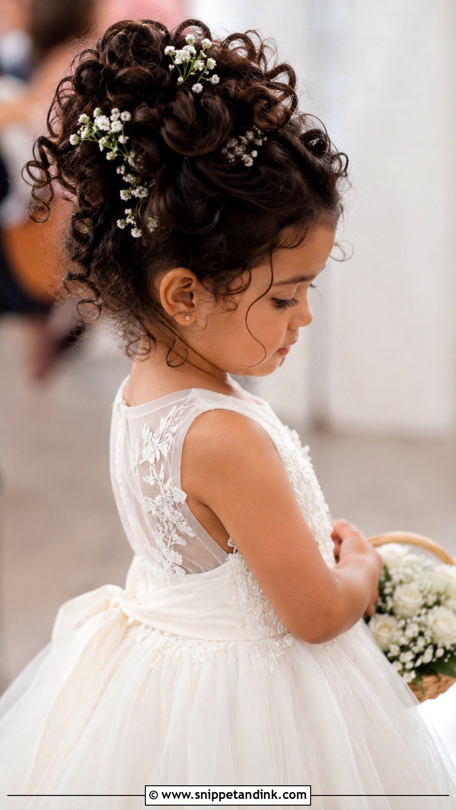 Curly Updo With Babys Breath - Snippet and Ink - 30 Kids Wedding Hair Ideas