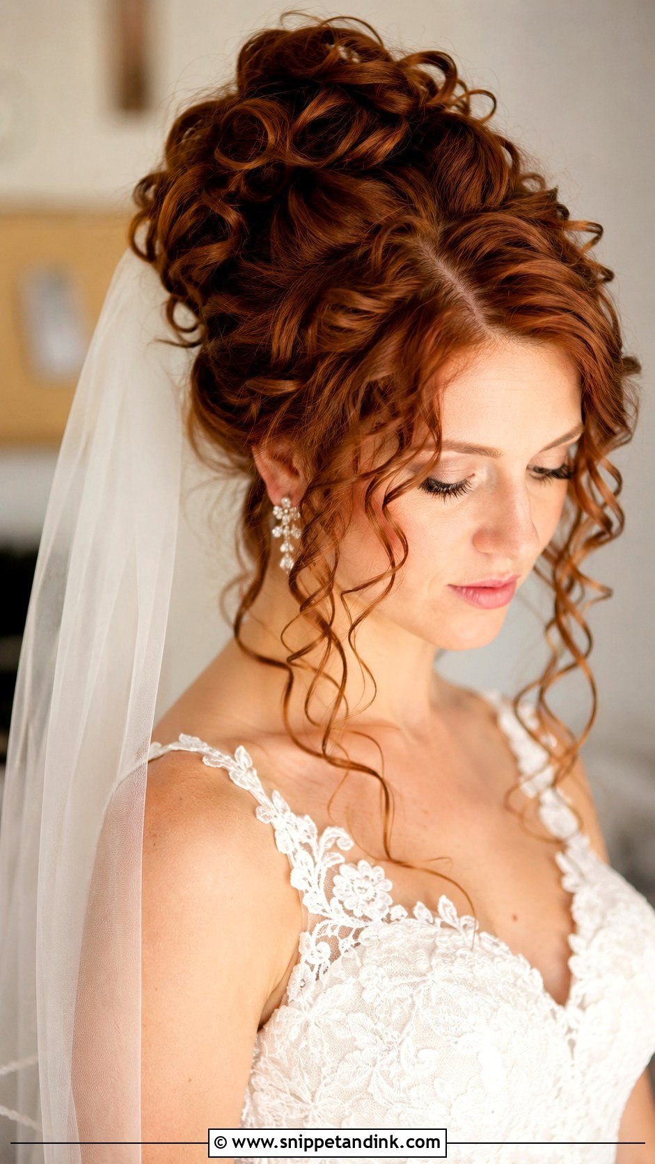 Curly Updo With Cascading Tendrils and Veil - Snippet and Ink - 20 Curly Hair with Veil Ideas