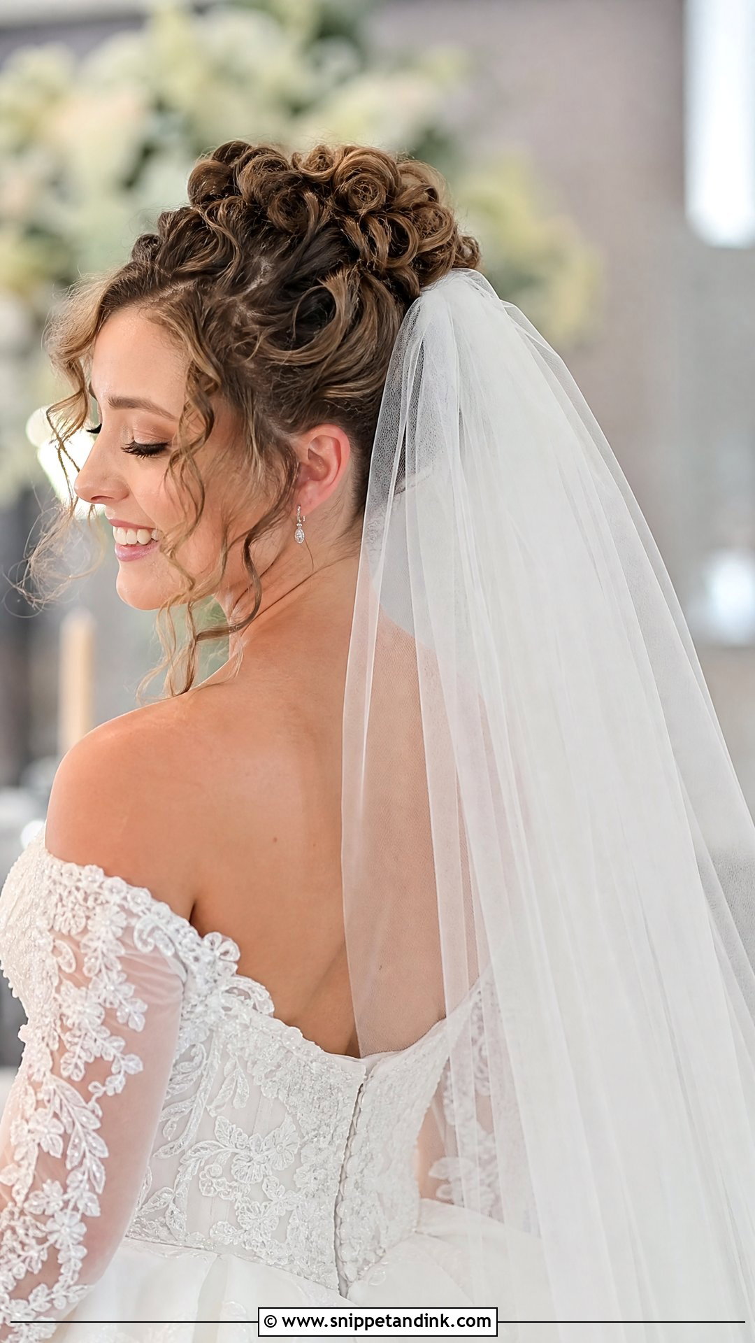 Curly Updo With Cathedral Veil - Snippet and Ink - 30 Curly Hair Wedding Styles