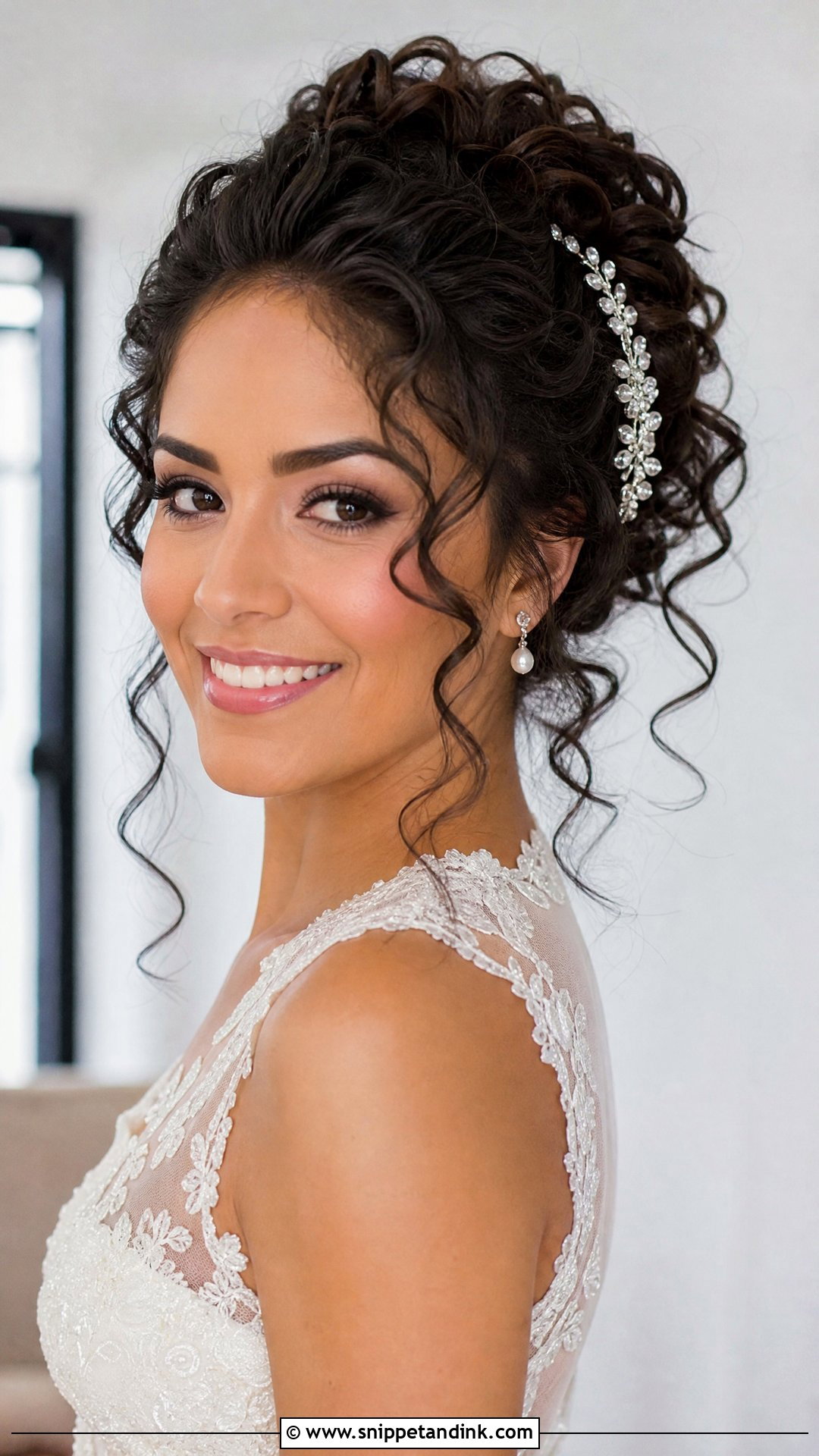 Curly Updo With Face Framing Pieces for Round Face - Snippet and Ink - 20 Round Face Bride Hairstyle Ideas