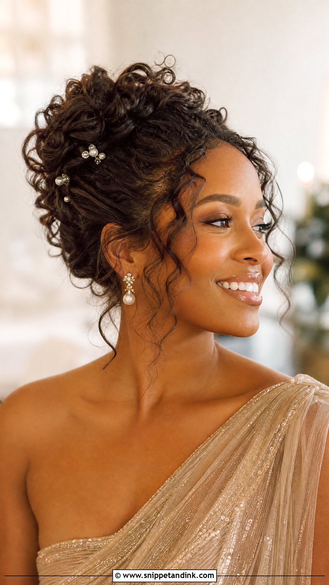 Curly Updo With Face Framing Tendrils - Snippet and Ink - 20 Naturally Curly Hair Wedding Styles