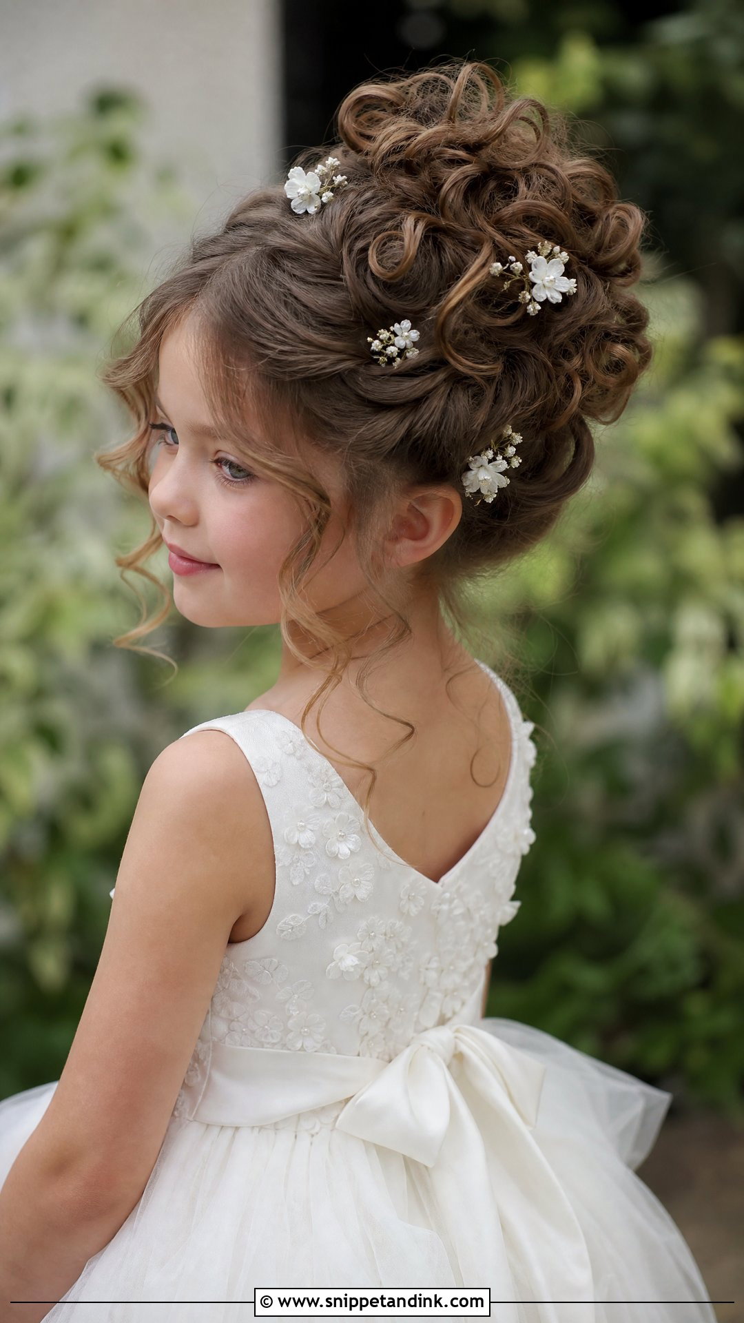 Curly Updo With Floral Pins - Snippet and Ink - 20 Kids Hair Styles for Wedding