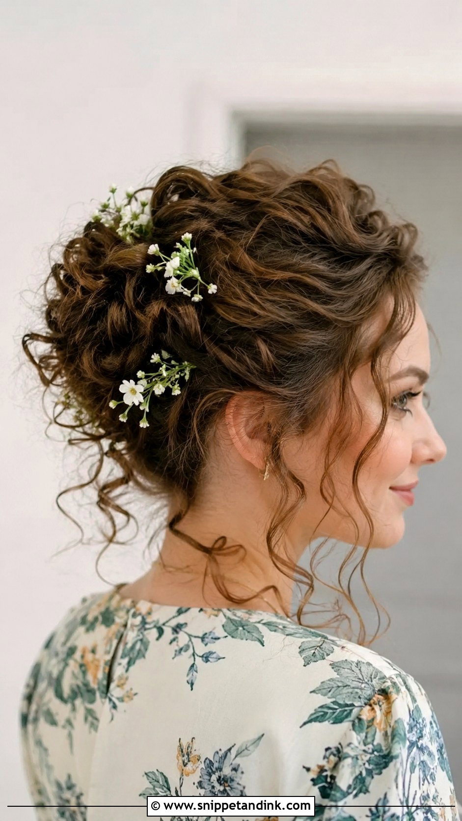 Curly Updo With Flower Accents - Snippet and Ink - 20 Curly Hair for Wedding Guest Ideas