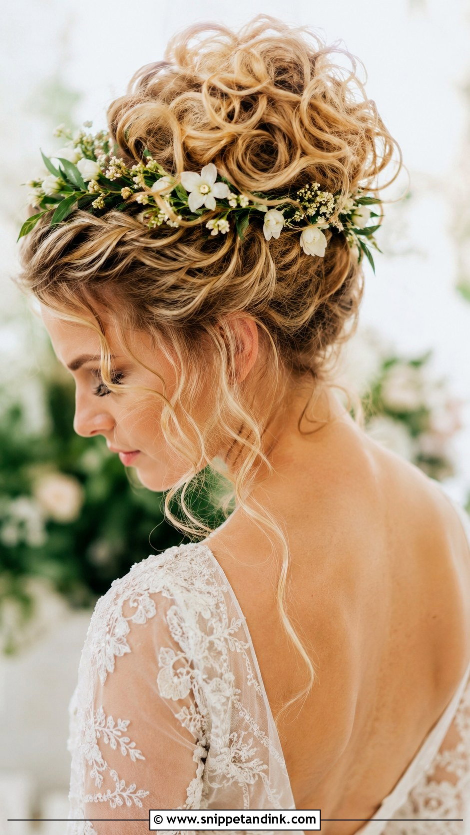 Curly Updo With Flower Crown - Snippet and Ink - 30 Curly Hair Updo Wedding Ideas
