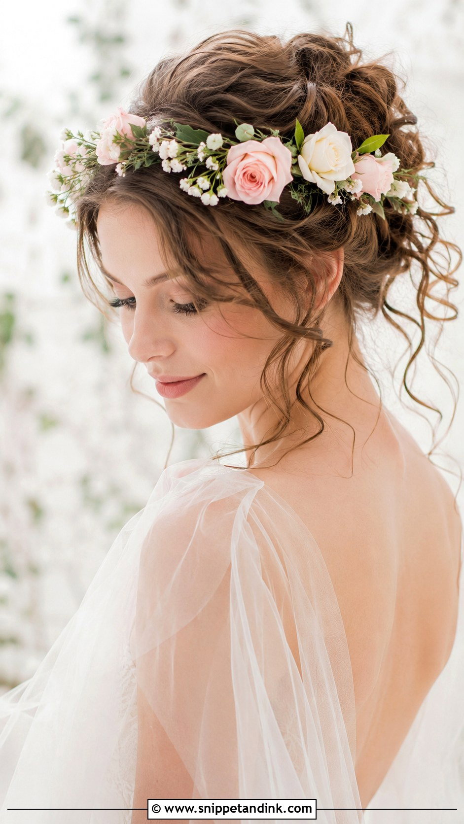 Curly Updo With Flower Crown - Snippet and Ink - 20 Short Hair Curls Wedding